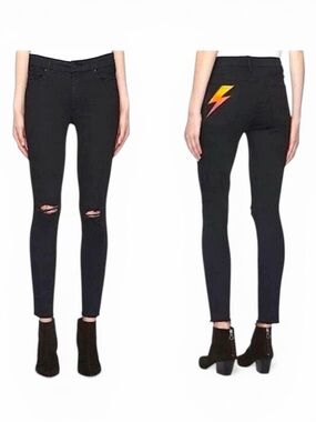 MOTHER The Looker Ankle Fray Jeans Size 27 Black Gold Bolt Distressed Skinny‎